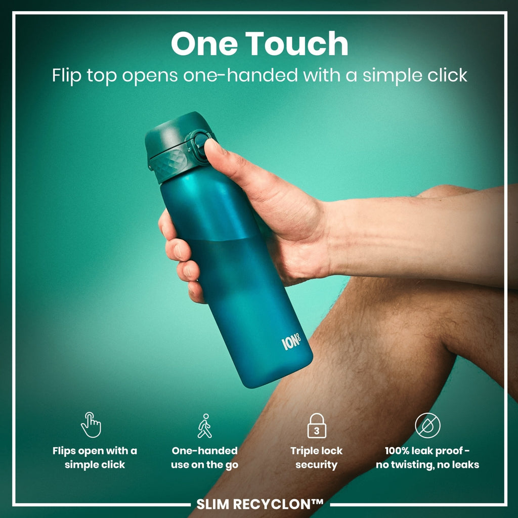 Ion8 Recyclon Aqua 500ml leak-proof slim water bottle showing sleek design and compact shape for easy carrying.