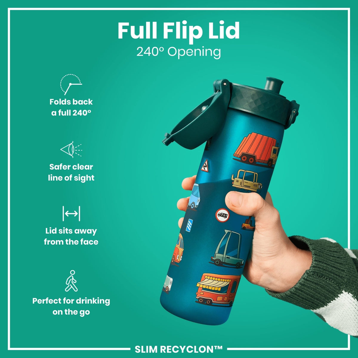 ION8 Recyclon 500ml leak-proof slim water bottle with automobile design, made from recycled materials, ideal for on-the-go hydration.