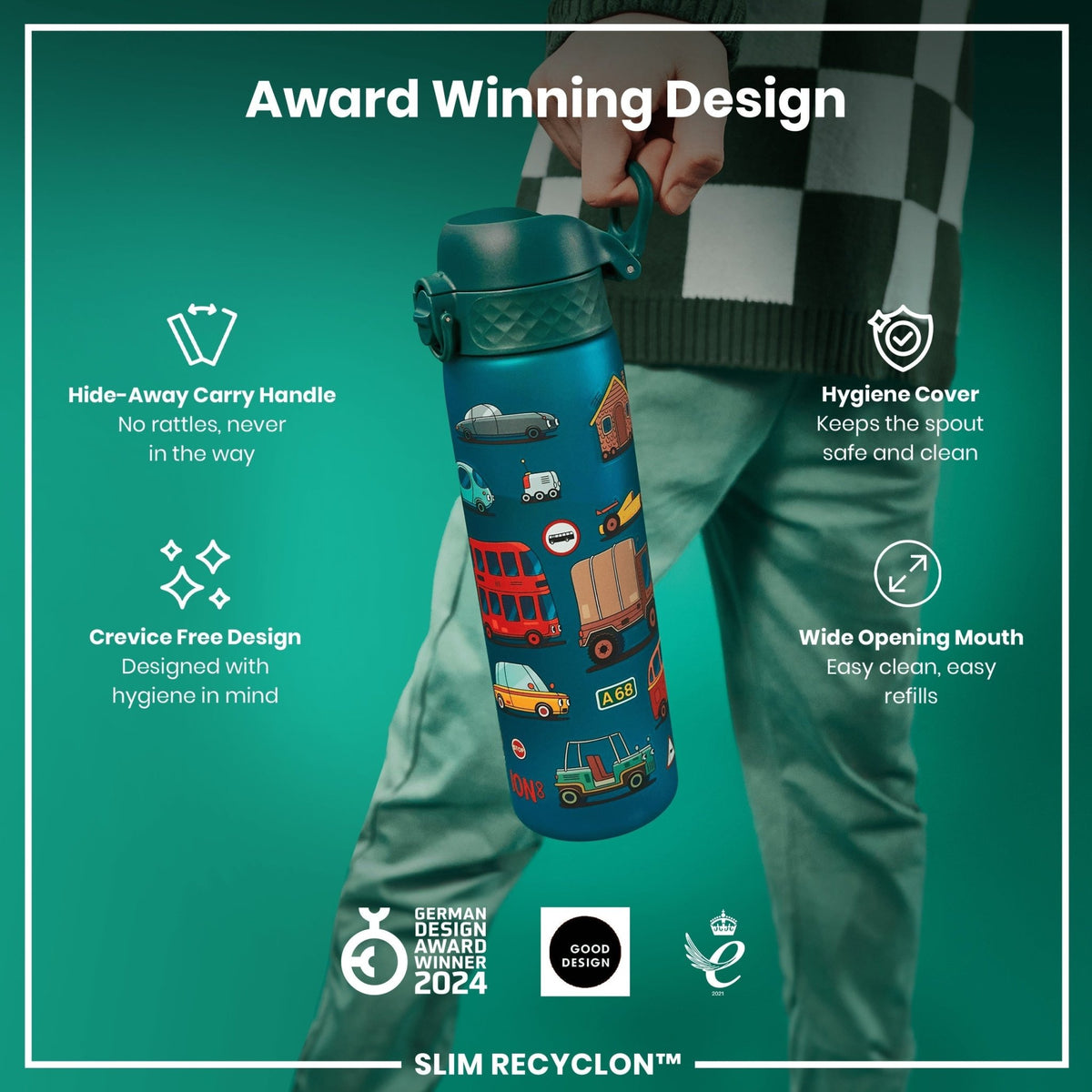 ION8 Recyclon 500ml leak-proof automobile water bottle, slim design, reusable Recyclon water bottle by ION8.