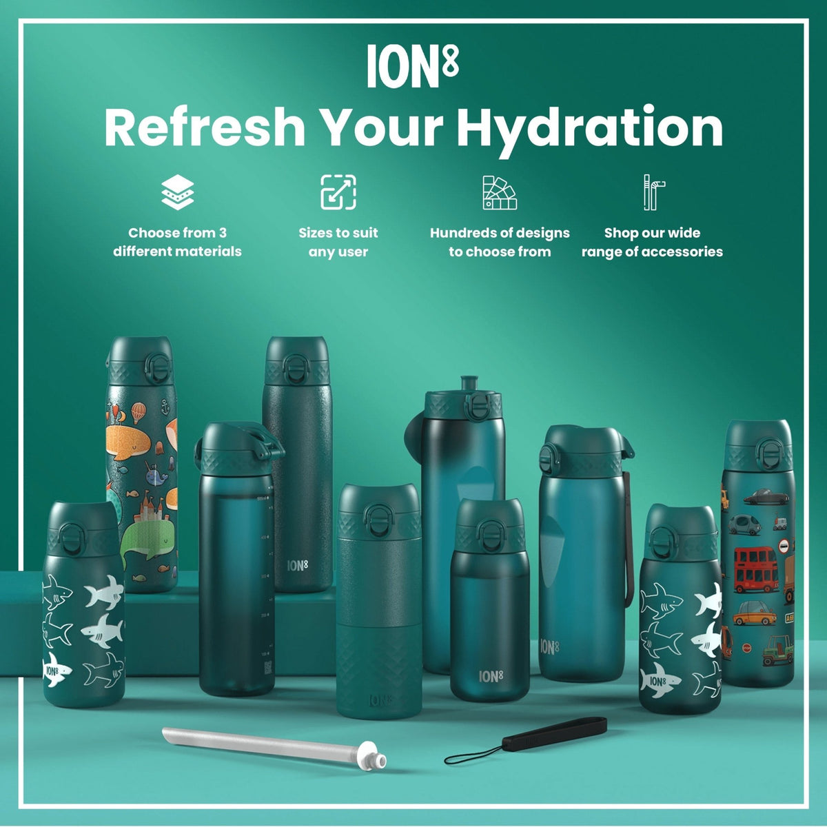 ION8 Recyclon 500ml leak-proof automobile water bottle, slim design, eco-friendly Recyclon brand, ideal for travel and hydration.