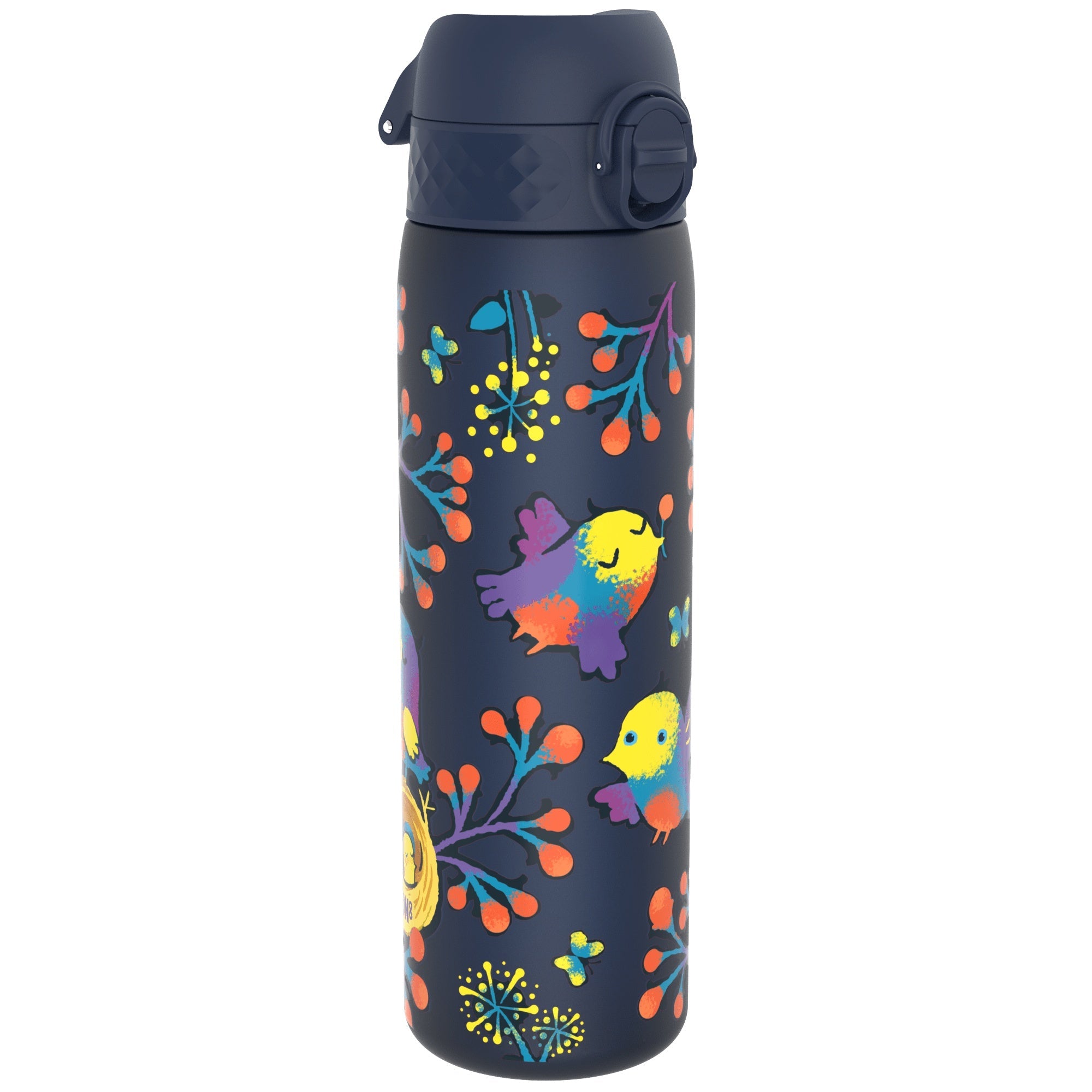 Ion8 Recyclon leak-proof slim water bottle with bird design, 500ml (18oz), featuring a sleek, portable water container.