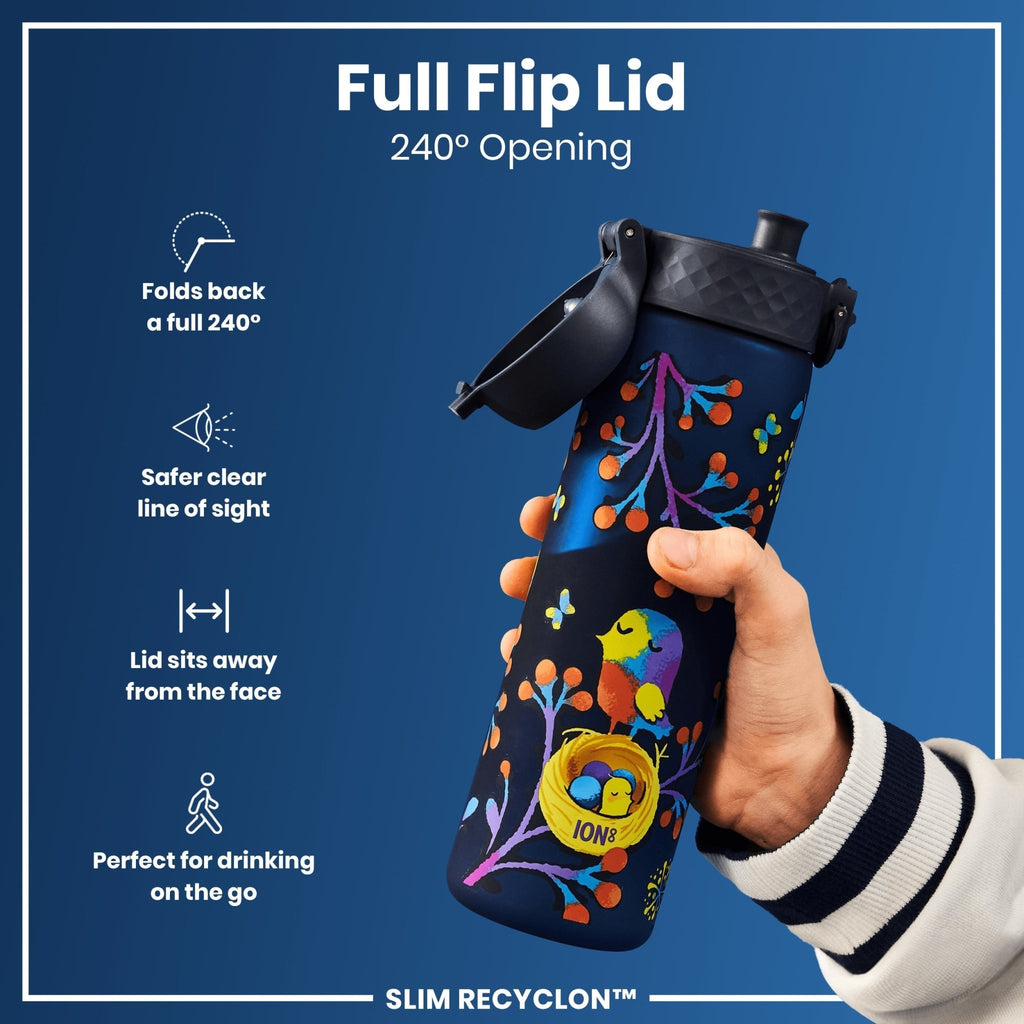 Ion8 Recyclon Bottle Birds 500ml slim water bottle with leak-proof design, featuring colorful bird illustrations on a durable reusable water bottle.