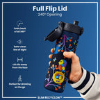 Ion8 Recyclon Bottle Birds 500ml slim water bottle with leak-proof design, featuring colorful bird illustrations on a durable reusable water bottle.