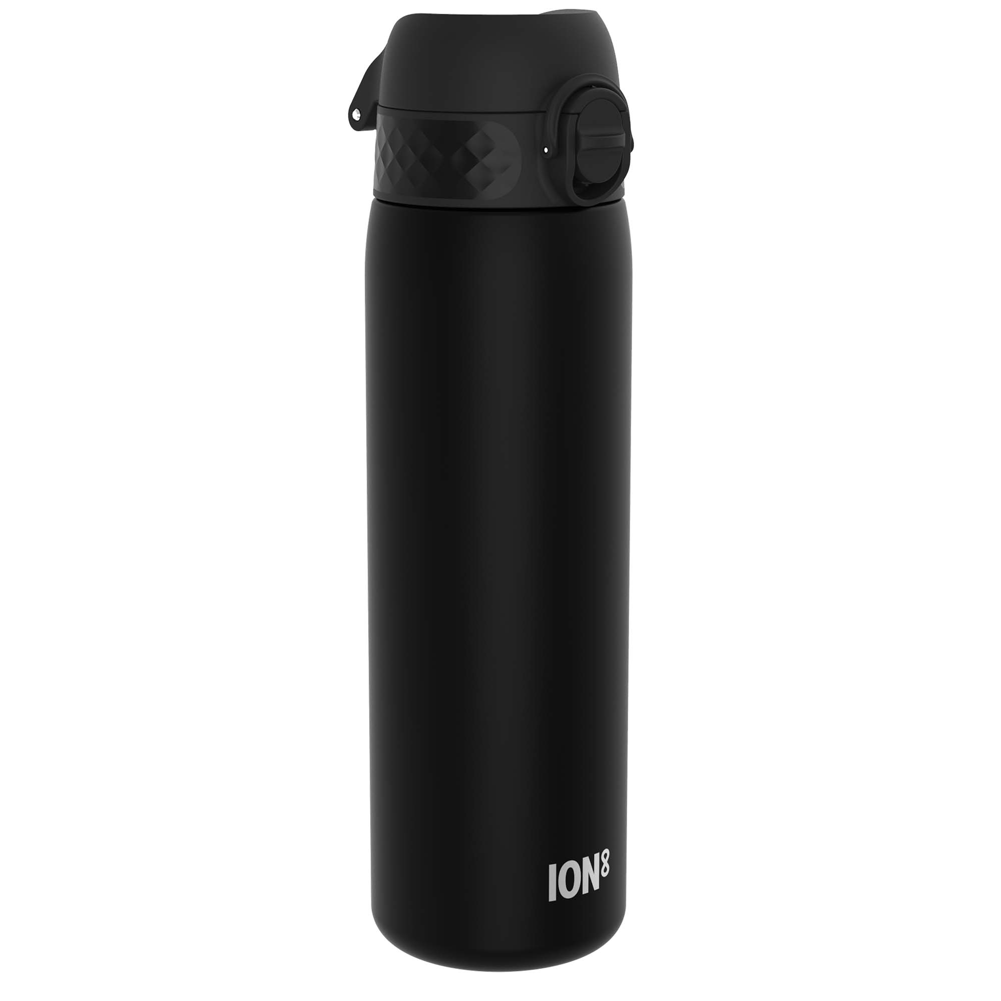 Ion8 Leak Proof Slim Water Bottle in black, 500ml (18oz), recyclable Recyclon design with a sleek, compact shape.