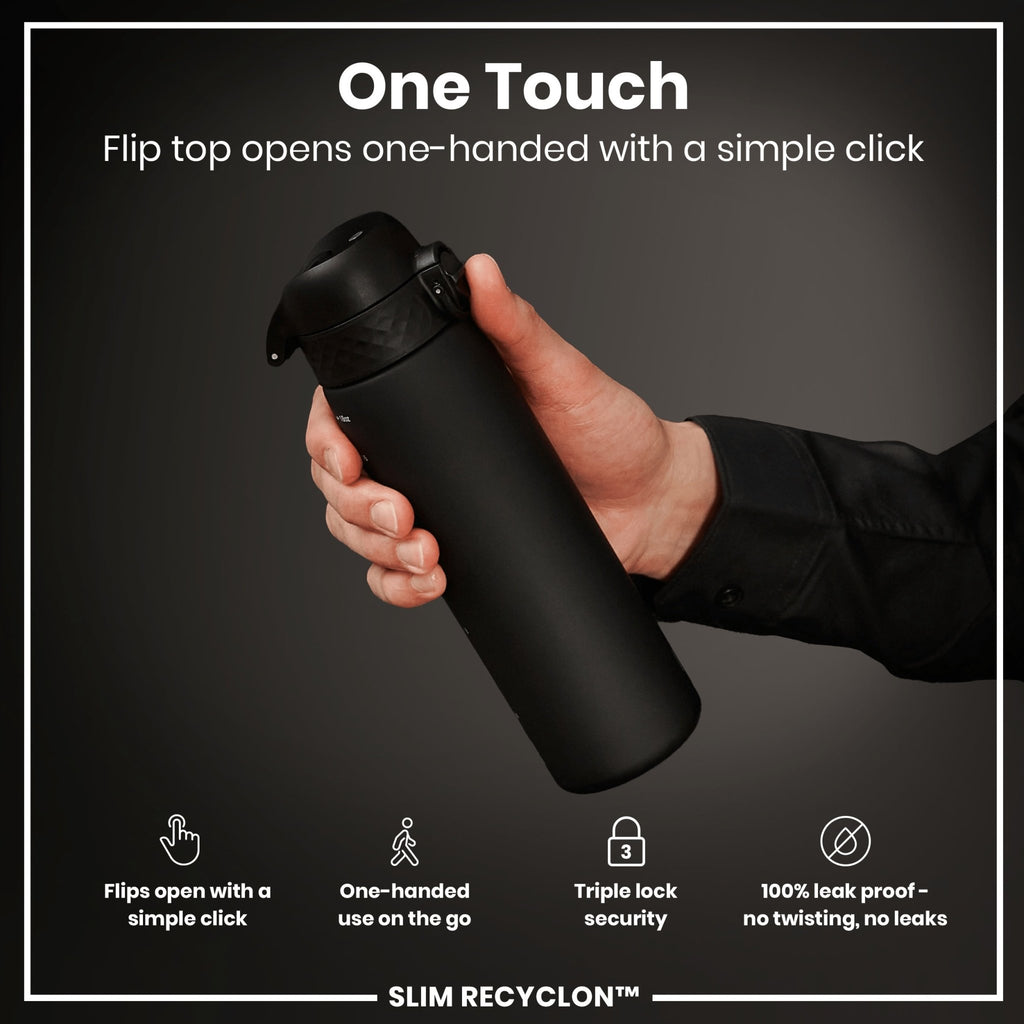 Black 500ml Recyclon water bottle by ION8, leak-proof slim design with durable eco-friendly materials.
