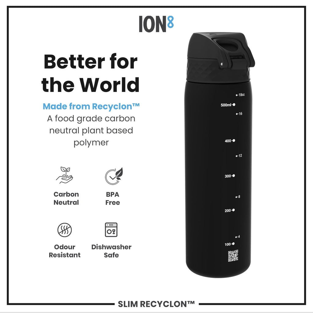 Ion8 Recyclon black 500ml leak-proof slim water bottle, durable Recyclon material, designed for on-the-go hydration.