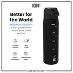 Ion8 Recyclon black 500ml leak-proof slim water bottle, durable Recyclon material, designed for on-the-go hydration.