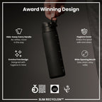 ION8 Recyclon Black 500ml leak-proof slim water bottle, durable and eco-friendly, designed for on-the-go hydration.