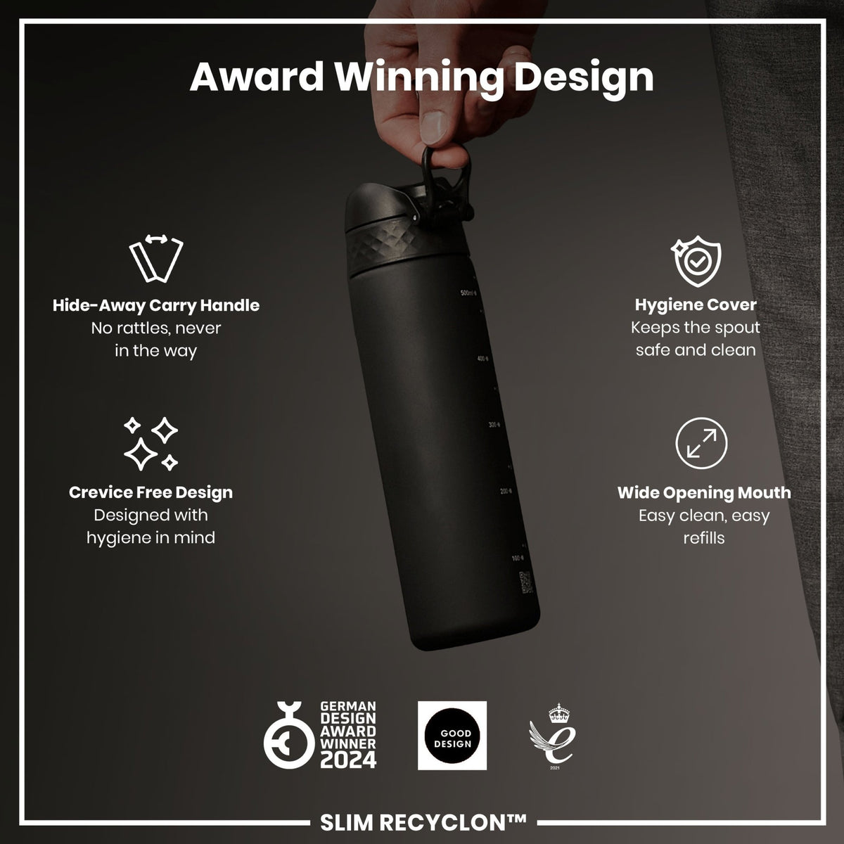 ION8 Recyclon Black 500ml leak-proof slim water bottle, durable and eco-friendly, designed for on-the-go hydration.