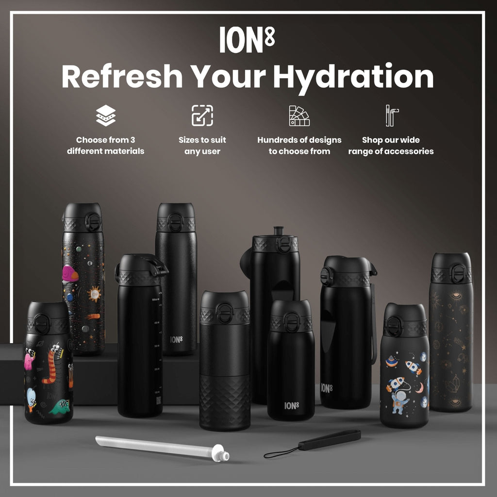 Ion8 Recyclon Black 500ml leak-proof water bottle, slim design with durable plastic, ideal for staying hydrated on the go