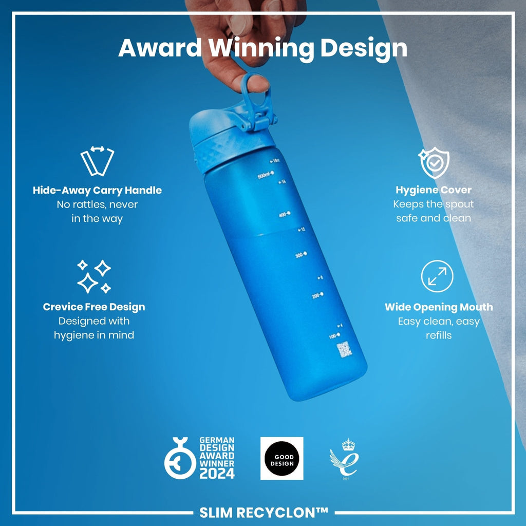 ION8 Recyclon Blue 500ml water bottle with leak-proof, slim design, made from eco-friendly recyclable materials.