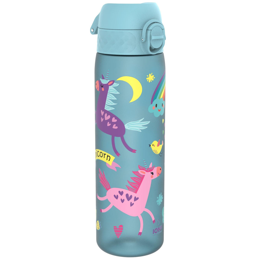 Ion8 Recyclon blue unicorns 500ml water bottle, leak-proof slim design, durable reusable Recyclon water bottle by Ion8.