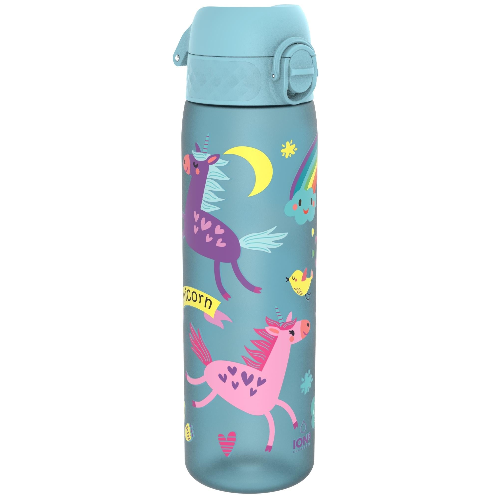 Recyclon leak-proof slim water bottle by ION8 in blue with unicorns, 500ml (18oz) reusable water bottle on white background.