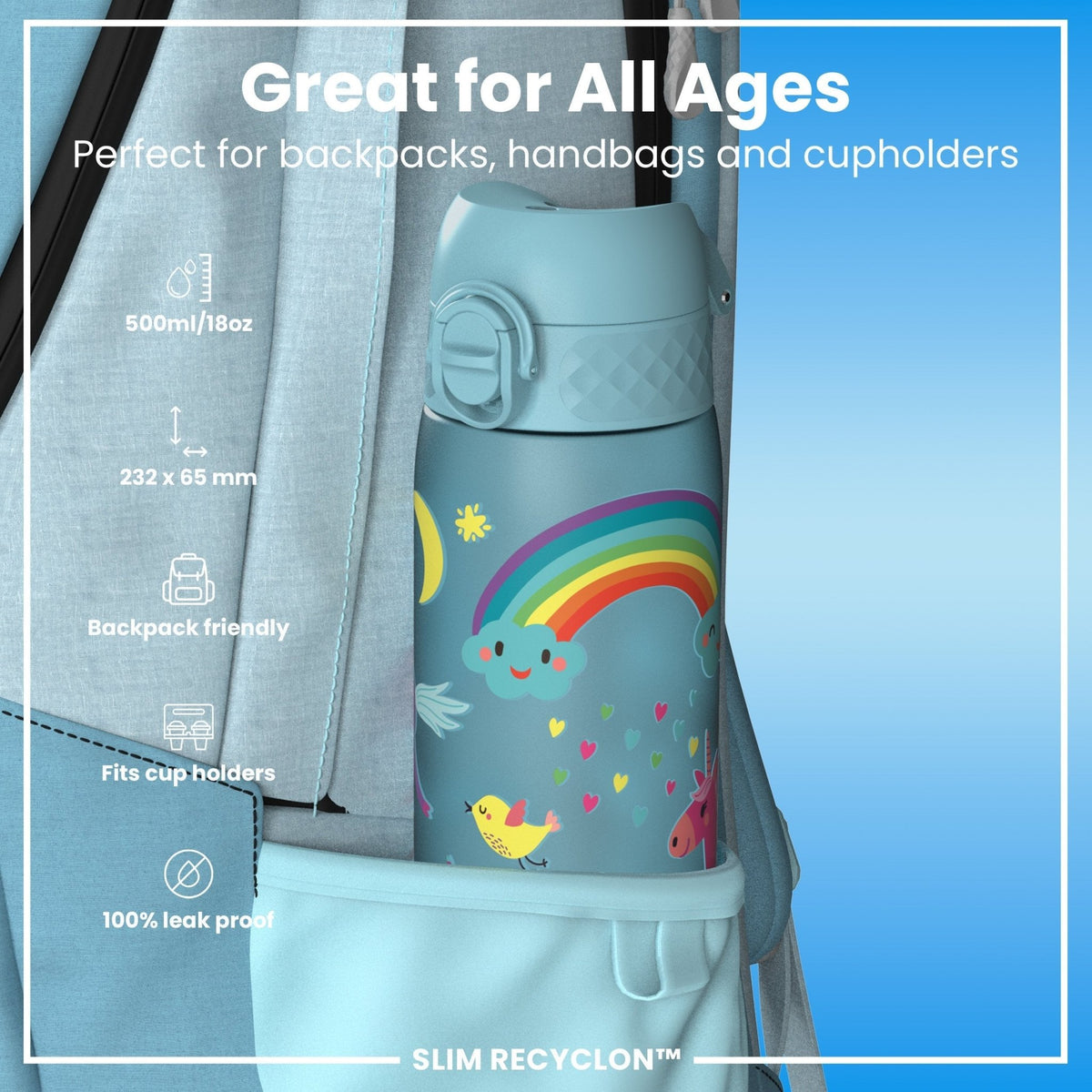 Ion8 Recyclon water bottle with blue unicorns design, 500ml capacity, leak-proof, slim, reusable plastic hydration bottle.
