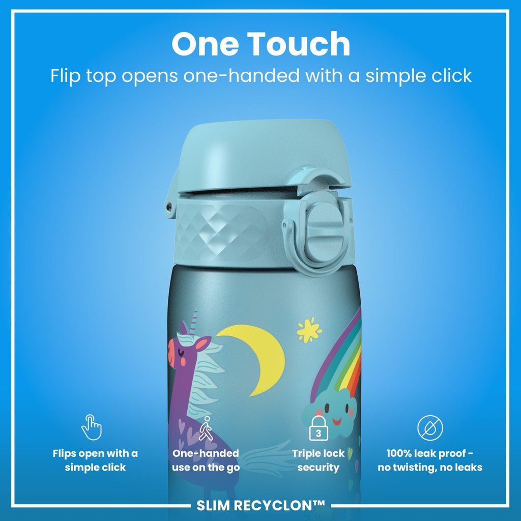 Ion8 Recyclon water bottle with blue unicorns design, 500ml leak-proof slim water bottle for hydration.