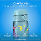 Ion8 Recyclon water bottle with blue unicorns design, 500ml leak-proof slim water bottle for hydration.