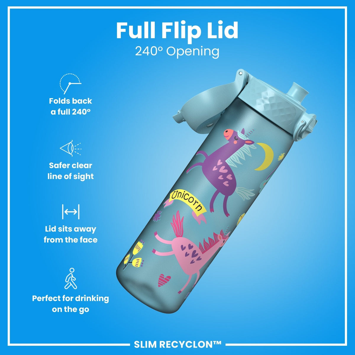 Ion8 Recyclon water bottle in blue with unicorns, 500ml leak-proof, slim design, ideal for staying hydrated on the go