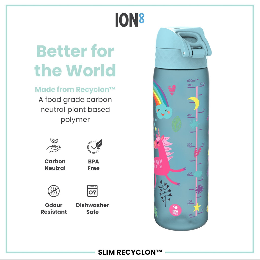 ION8 Recyclon blue unicorns 500ml water bottle, leak-proof slim design with colorful unicorn print for kids.