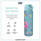 ION8 Recyclon blue unicorns 500ml water bottle, leak-proof slim design with colorful unicorn print for kids.