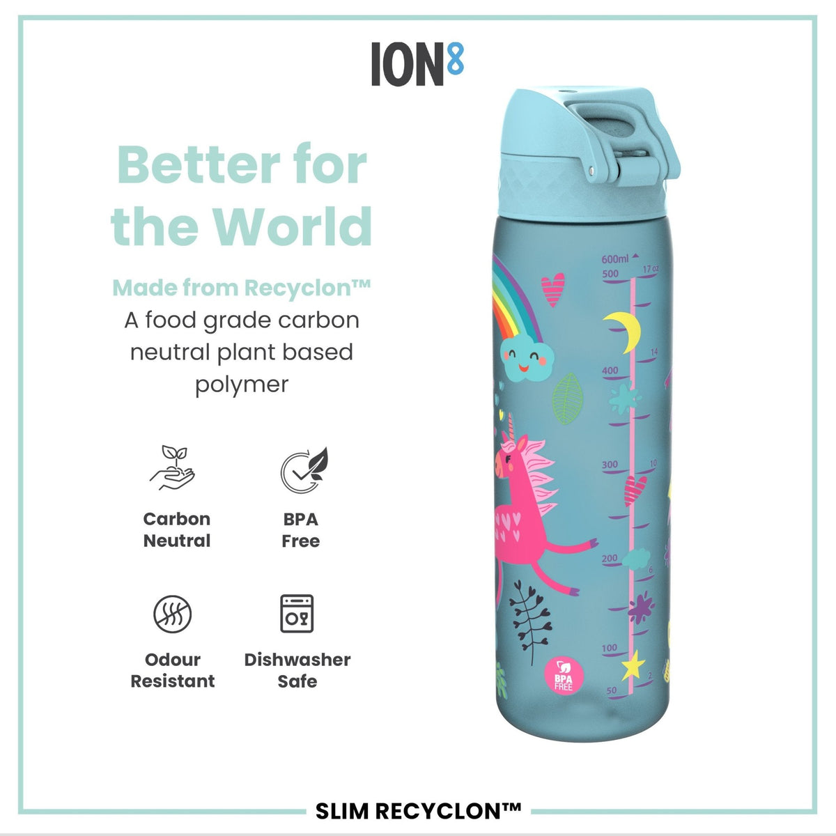 ION8 Recyclon blue unicorns 500ml water bottle, leak-proof slim design with colorful unicorn print for kids.