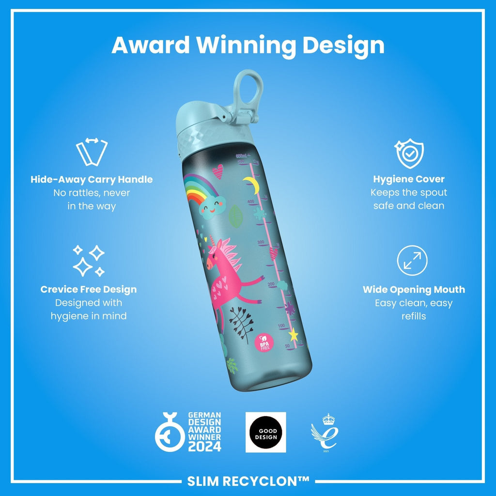 ION8 Recyclon Blue Unicorns 500ml leak-proof slim water bottle with colorful unicorn design for kids and adults.