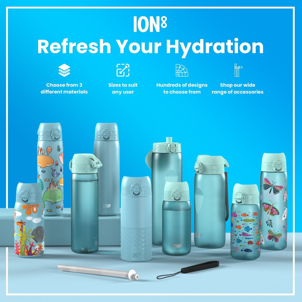 Ion8 Recyclon water bottle in blue with unicorns design, 500ml leak-proof slim water bottle by ION8.