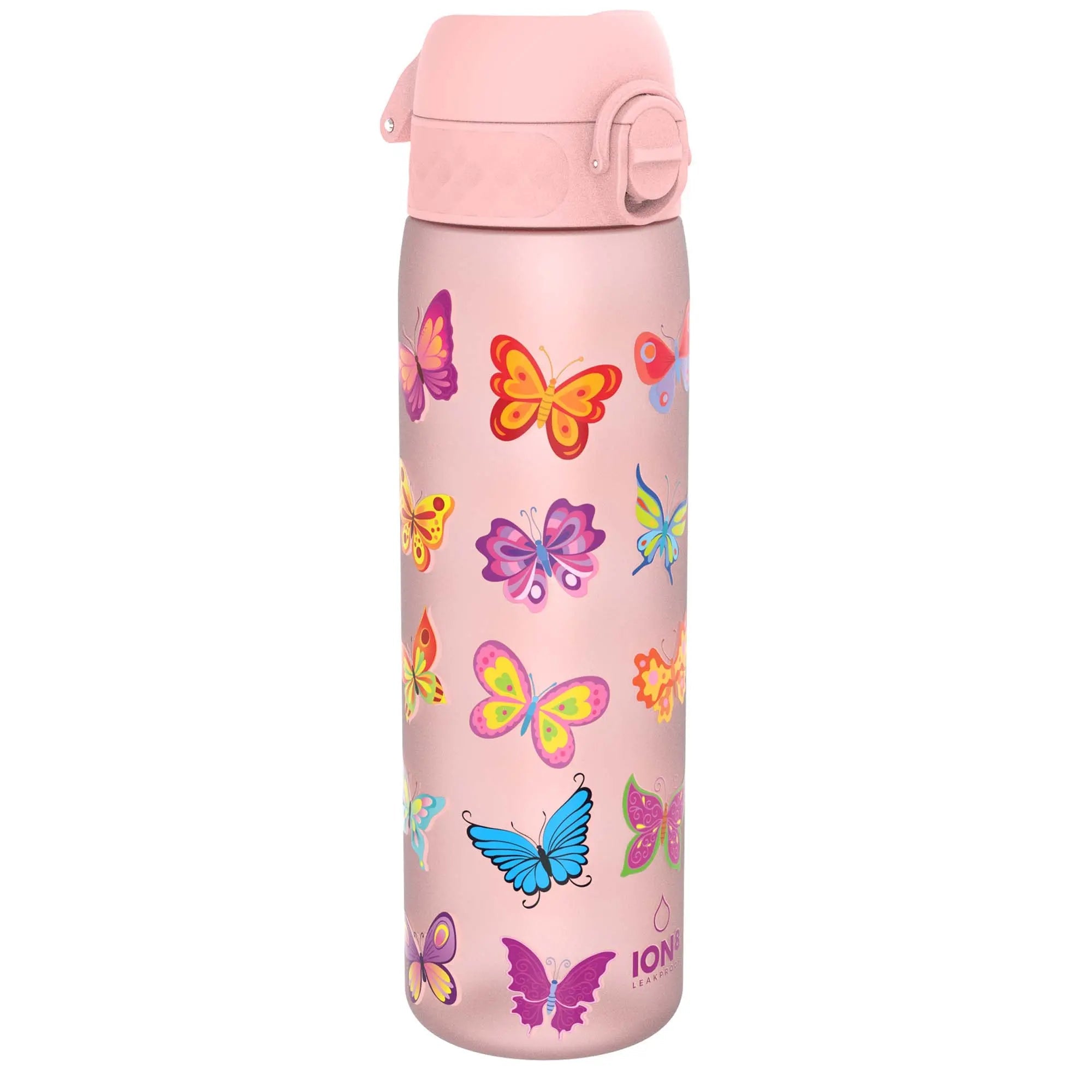 Ion8 Recyclon leak-proof slim water bottle with butterfly design, 500ml (18oz), made of recyclable materials.