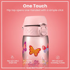Ion8 Recyclon Butterfly 500ml water bottle with leak-proof design, slim profile, and vibrant butterfly pattern.