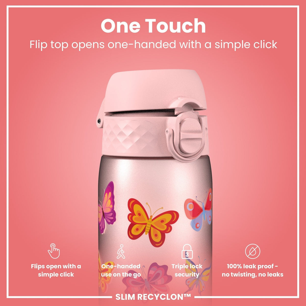 Ion8 Recyclon Butterfly 500ml water bottle with leak-proof design, slim profile, and vibrant butterfly pattern.