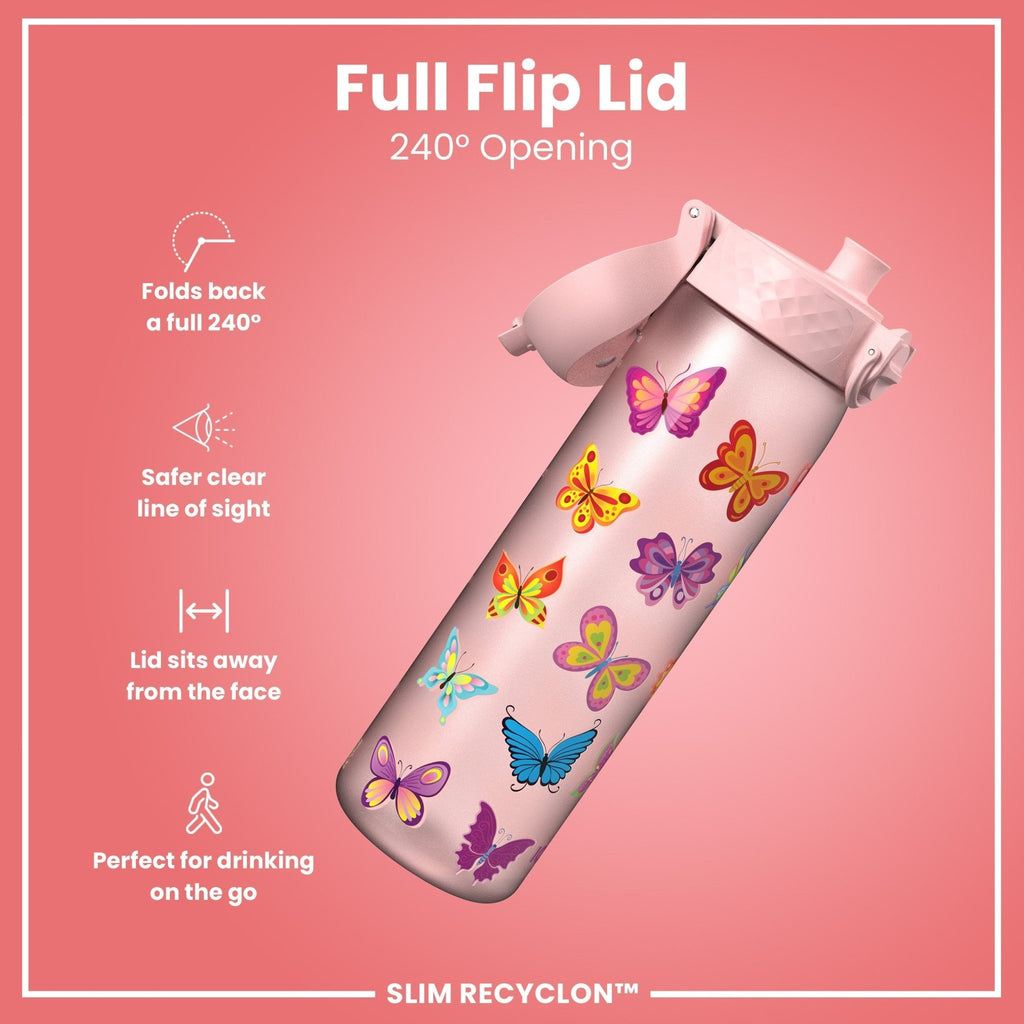 ION8 Recyclon Butterfly 500ml water bottle, leak-proof slim design with eco-friendly Recyclon material, featuring a butterfly pattern.