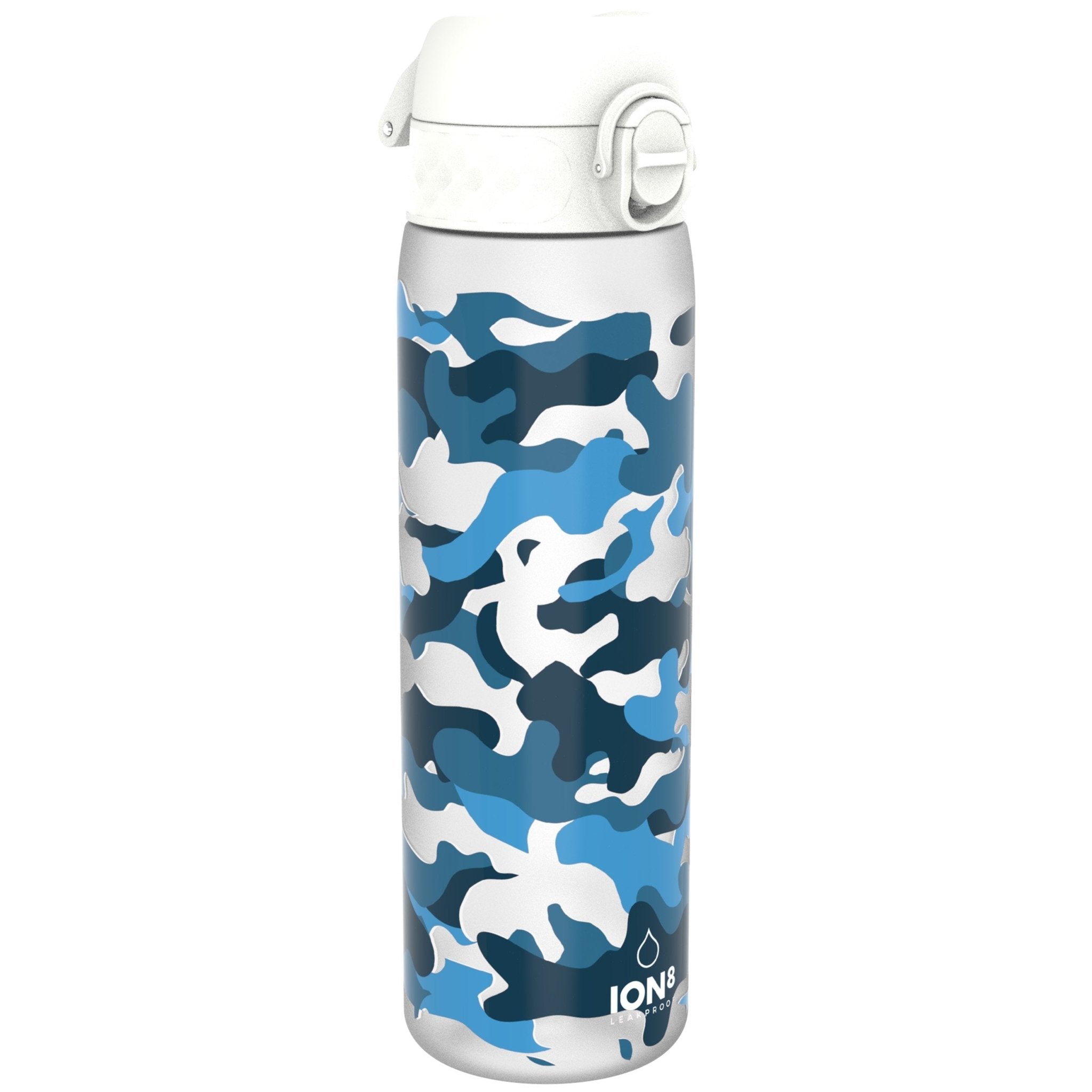Ion8 Leak Proof Slim Water Bottle in camouflage design, 500ml Recyclon reusable water bottle with secure lid.