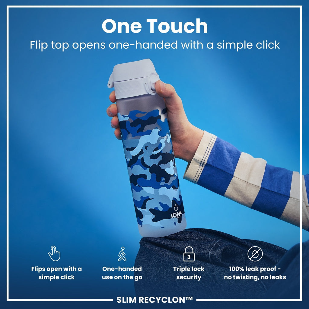 ION8 Recyclon camouflage 500ml water bottle, leak-proof slim design with eco-friendly Recyclon material for hydration on the go.