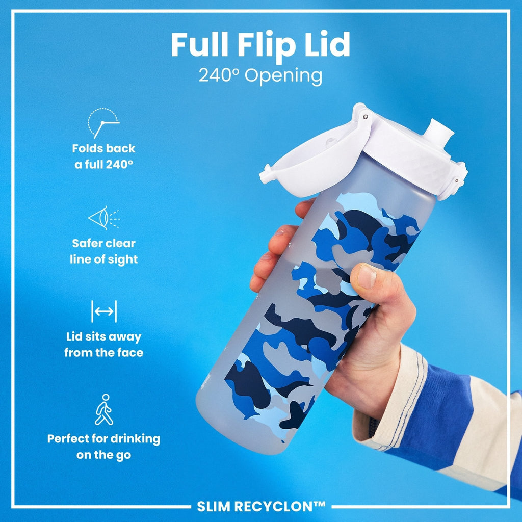 Ion8 Recyclon camouflage 500ml water bottle, leak-proof slim design with eco-friendly Recyclon material