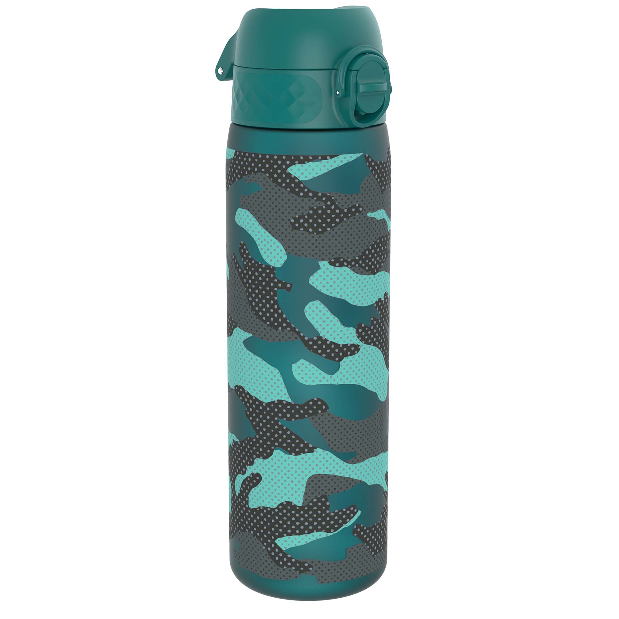 Ion8 leak-proof slim water bottle with camouflage design, 500ml (18oz) Recyclon water bottle, made for portable hydration.