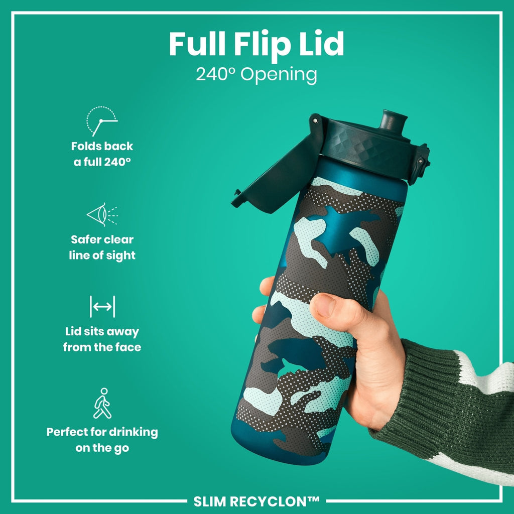 Ion8 Recyclon camouflage 500ml leak-proof slim water bottle, durable reusable ION8 Recyclon bottle in camouflage design