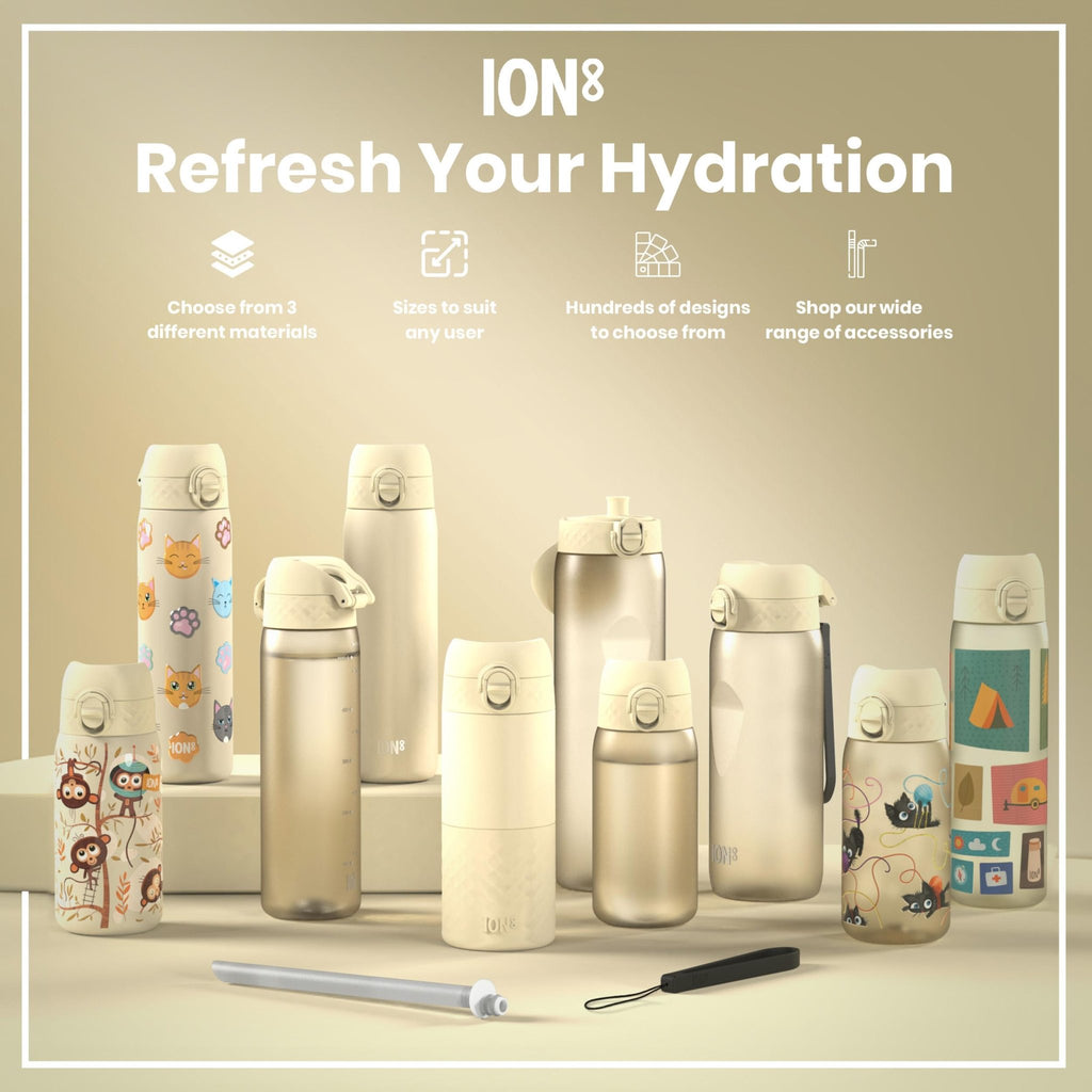 Ion8 Recyclon 500ml leak-proof camping water bottle, slim design, durable Recyclon material for outdoor hydration.