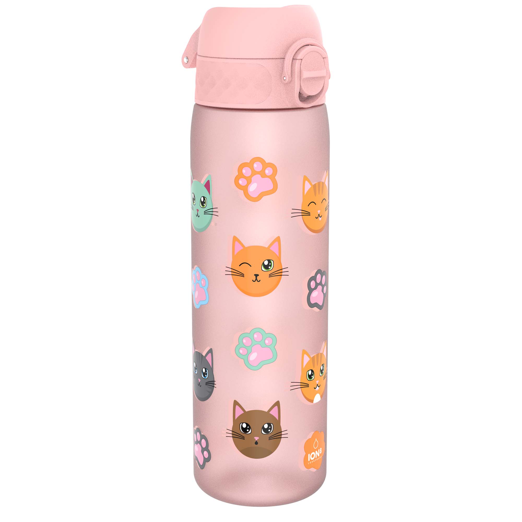 Ion8 leak-proof slim water bottle with cat design, 500ml Recyclon water bottle, reusable and eco-friendly.