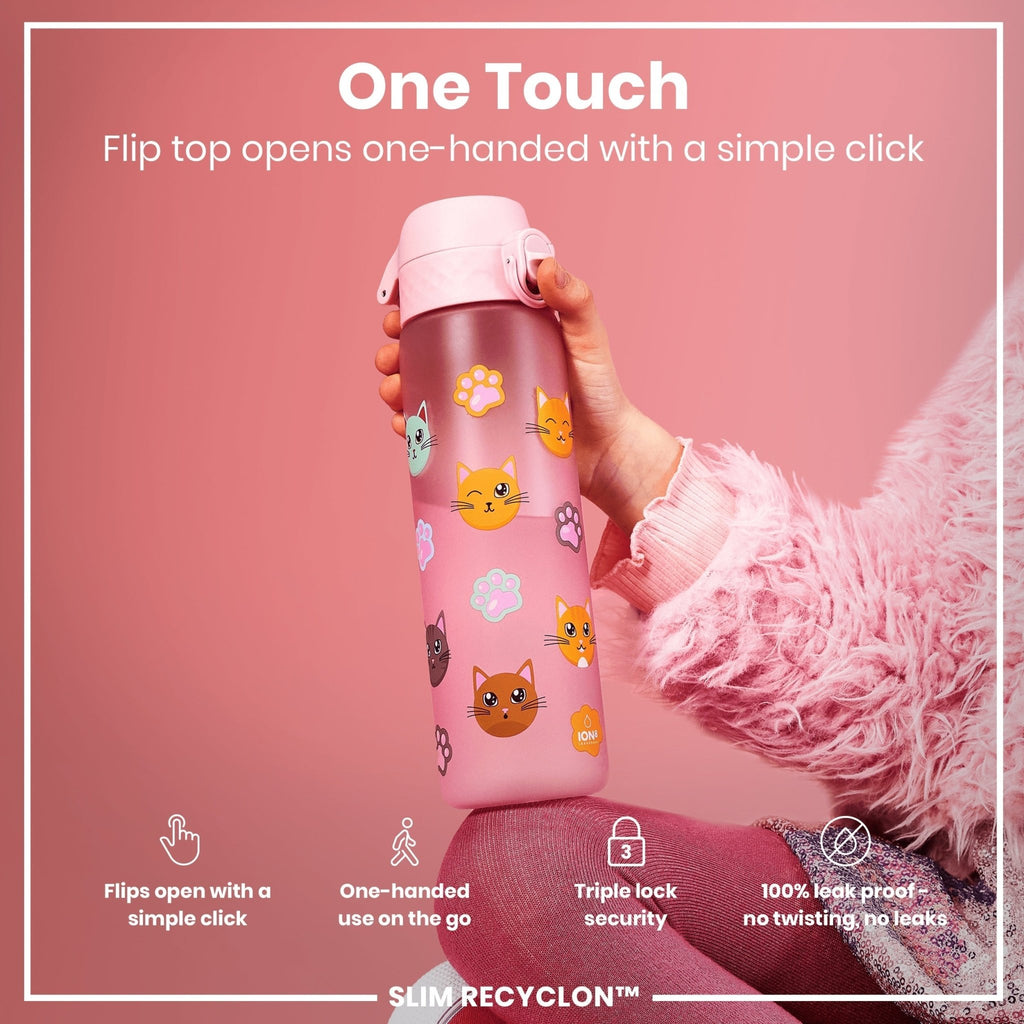Ion8 Recyclon Cat-themed 500ml leak-proof slim water bottle, eco-friendly Recyclon water bottle for pets and outdoor use