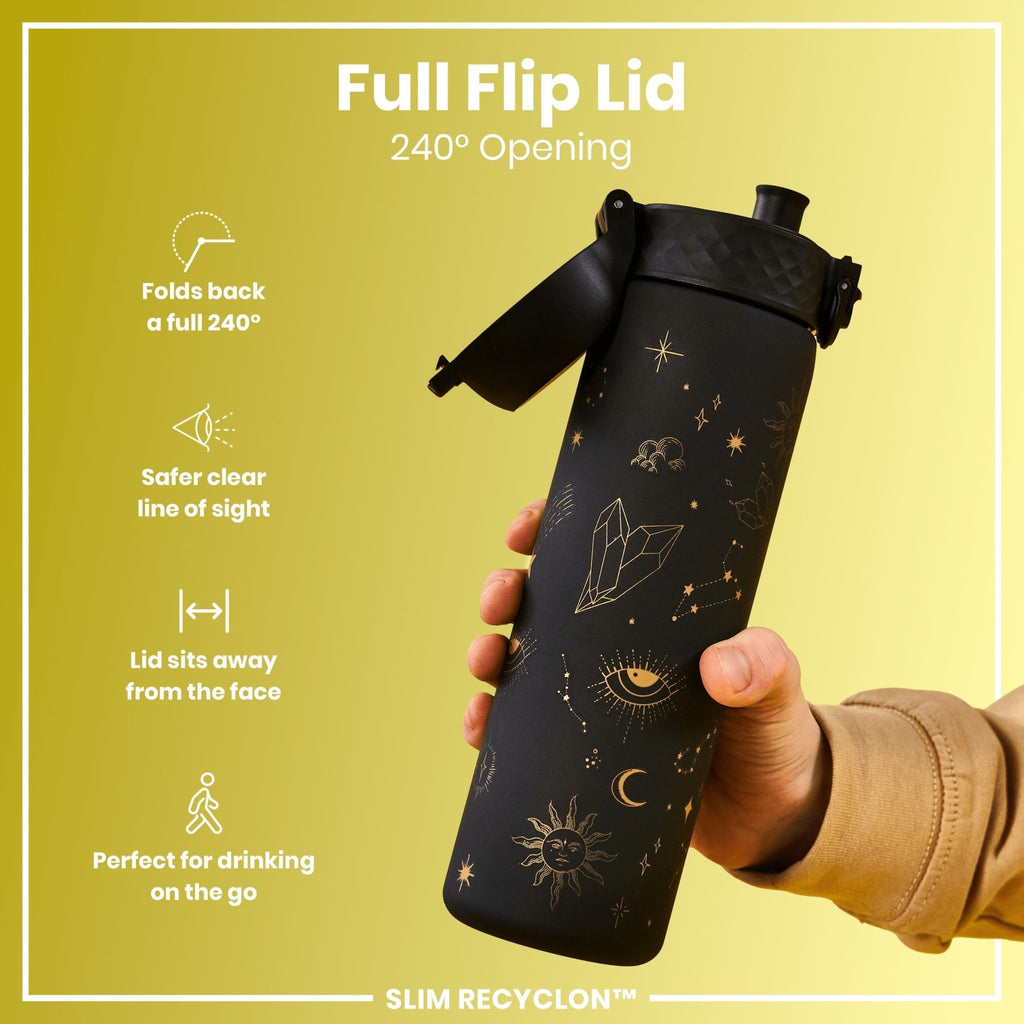 Ion8 Recyclon Celestial Universe 500ml water bottle with leak-proof design and slim shape, featuring celestial-themed artwork.