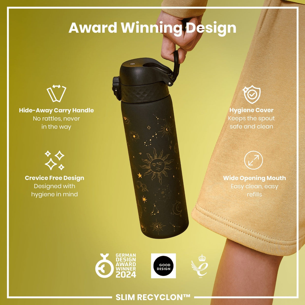 Ion8 Recyclon Celestial Universe 500ml water bottle with leak-proof design, slim shape, and vibrant celestial-themed print.