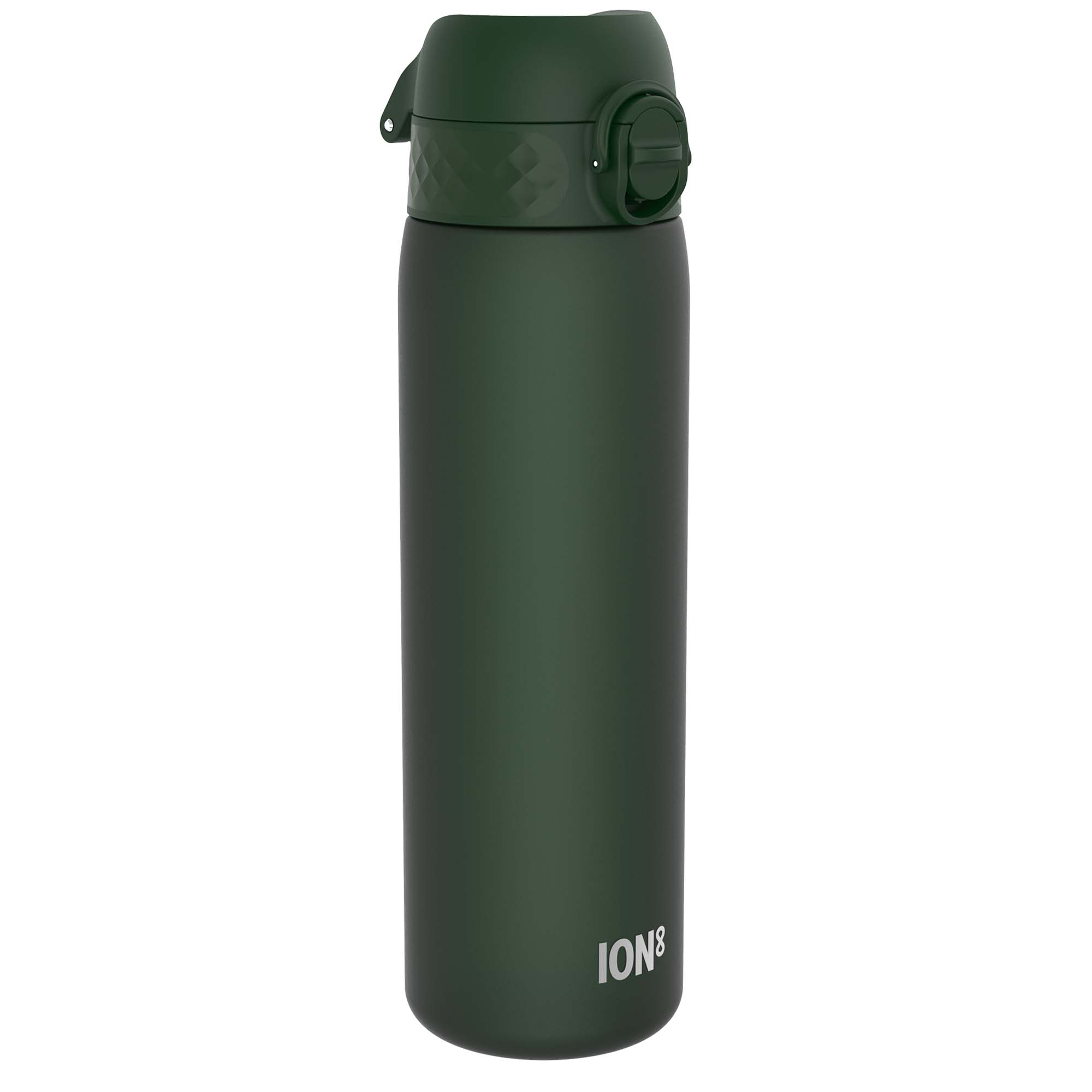 Dark green 500ml ION8 Leak Proof Slim Recyclon water bottle with a secure lid and compact design.