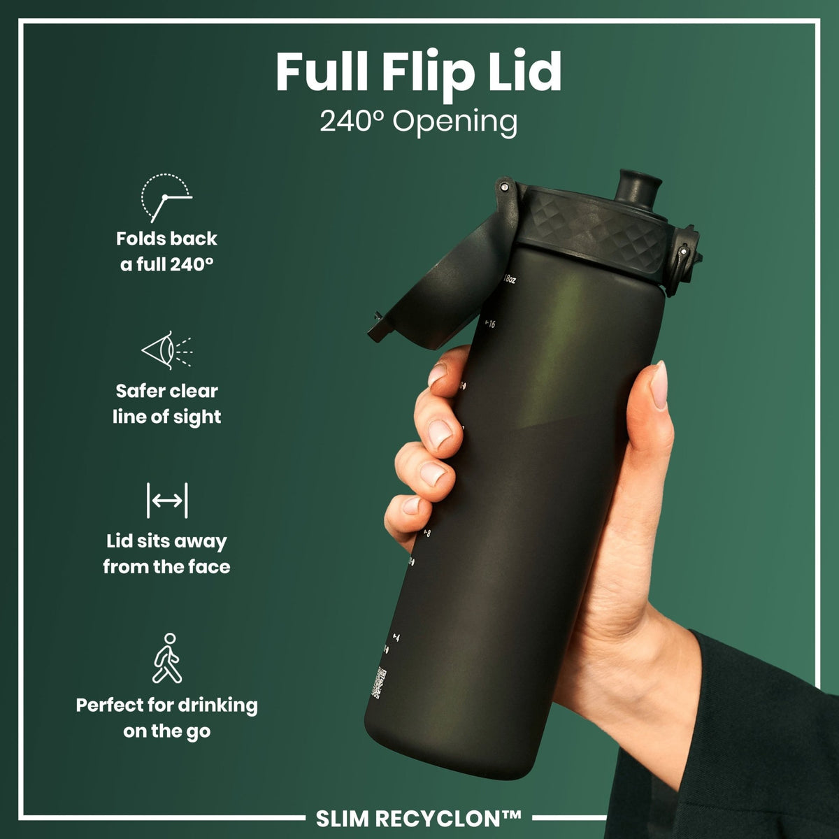 Dark green Recyclon water bottle by ION8, 500ml, leak-proof, slim design perfect for on-the-go hydration.