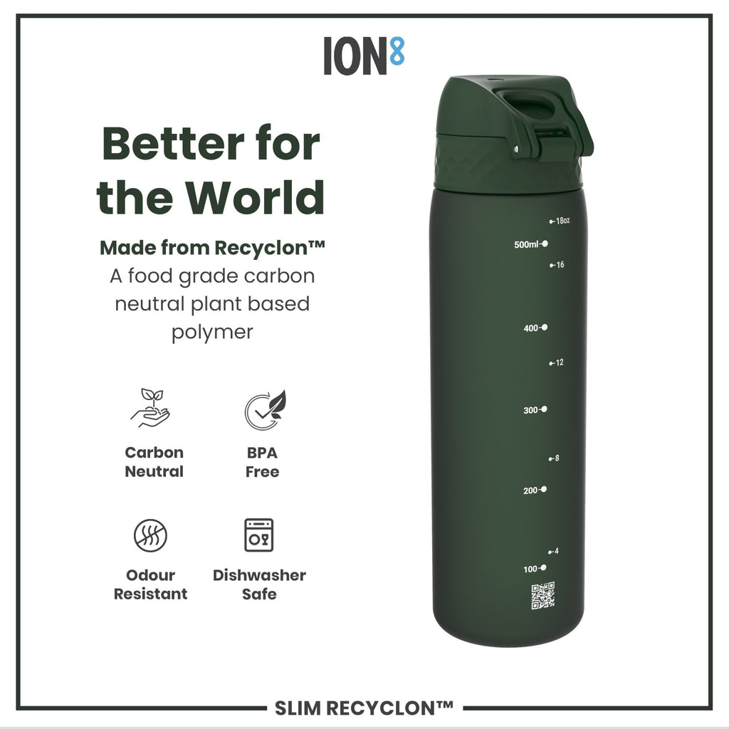 Ion8 Recyclon dark green 500ml leak-proof slim water bottle with a durable design and compact size.
