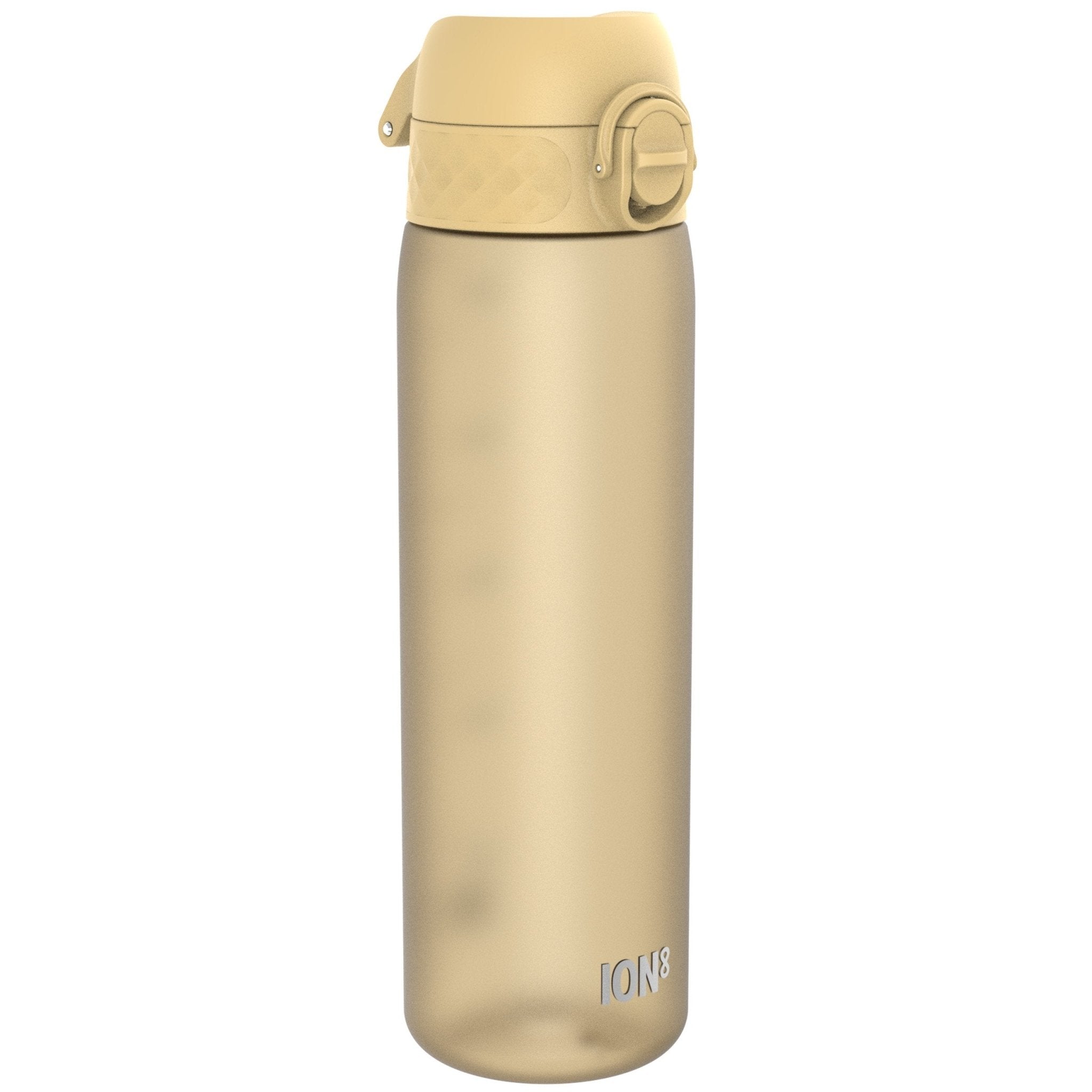 Ion8 Recyclon leak-proof slim water bottle in desert color, 500ml (18oz), made from recyclable materials, shown with cap and body.