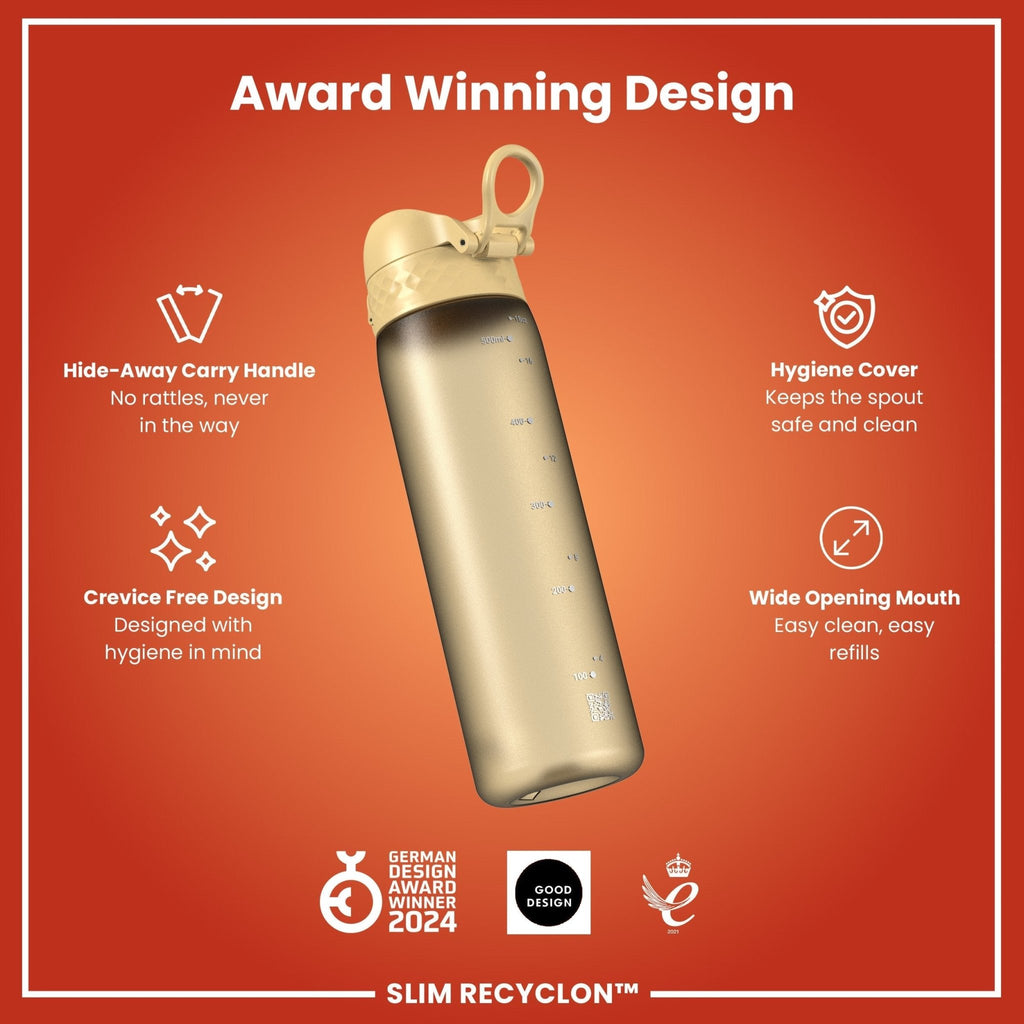 Ion8 Recyclon Desert 500ml water bottle, leak-proof slim design, durable reusable water bottle for outdoor use.