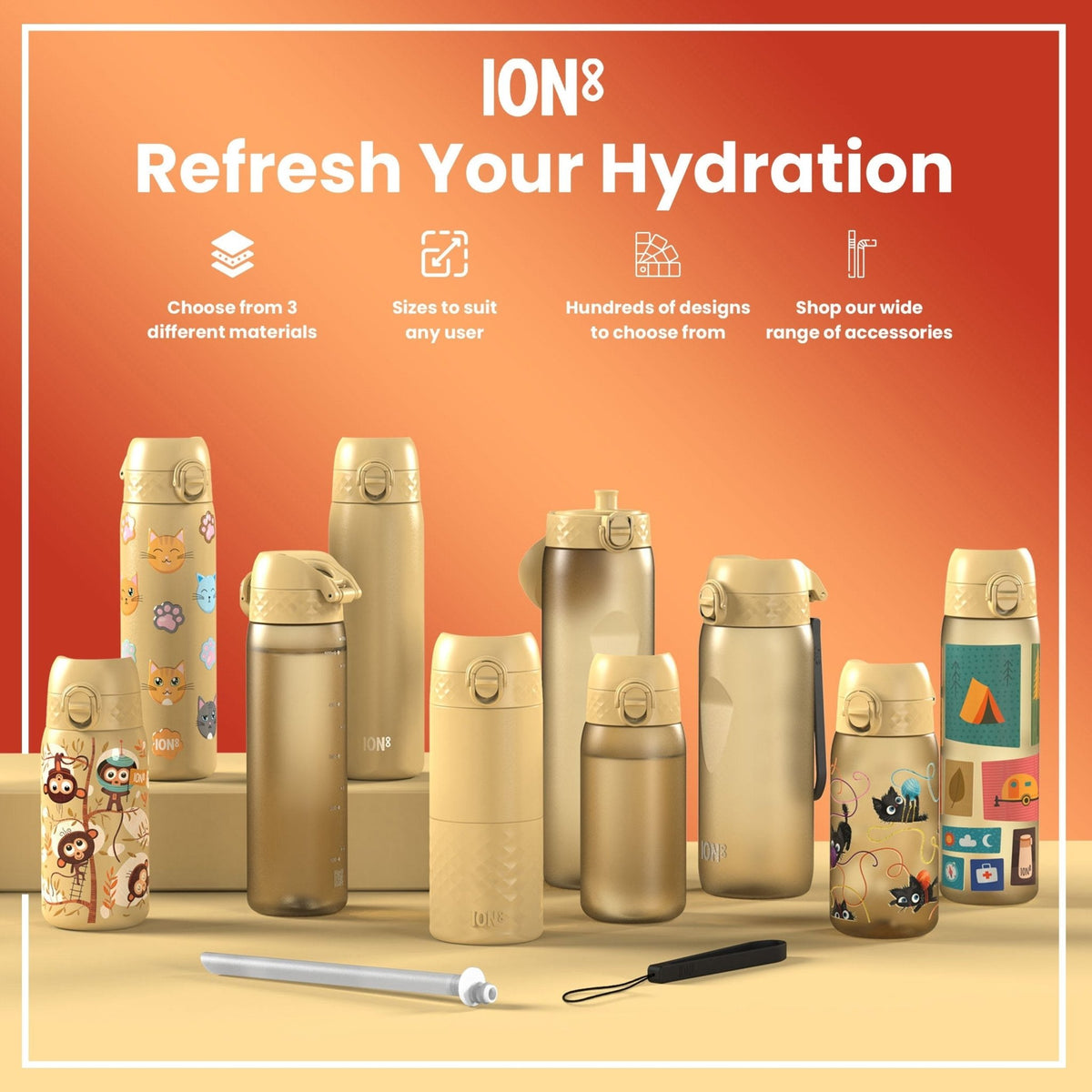 Ion8 Recyclon Desert 500ml leak-proof slim water bottle with eco-friendly design, durable plastic, and secure lid for on-the-go hydration.