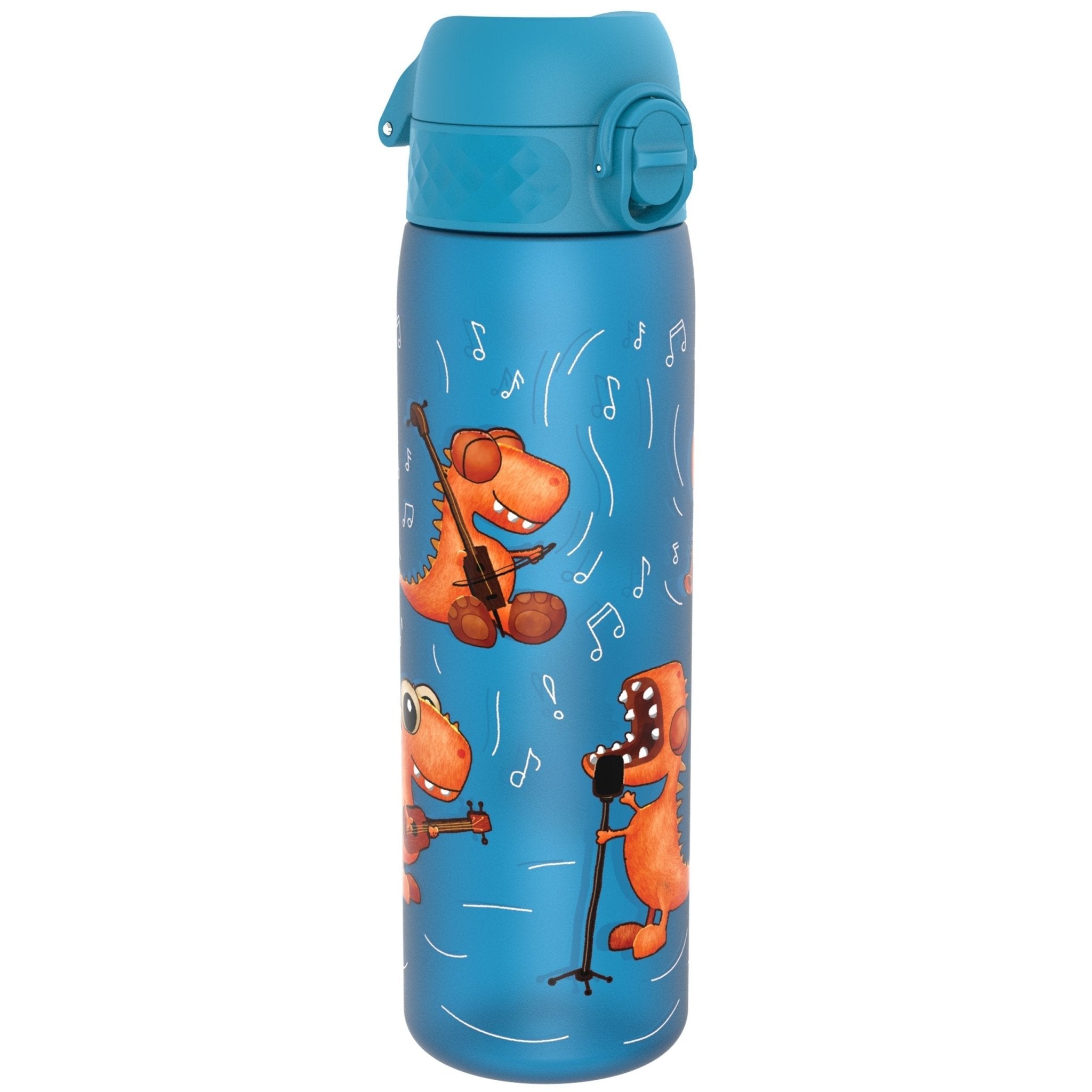Recyclon Leak Proof Slim Water Bottle by ION8 with Dino Band, 500ml (18oz), featuring a sleek design and secure lid.