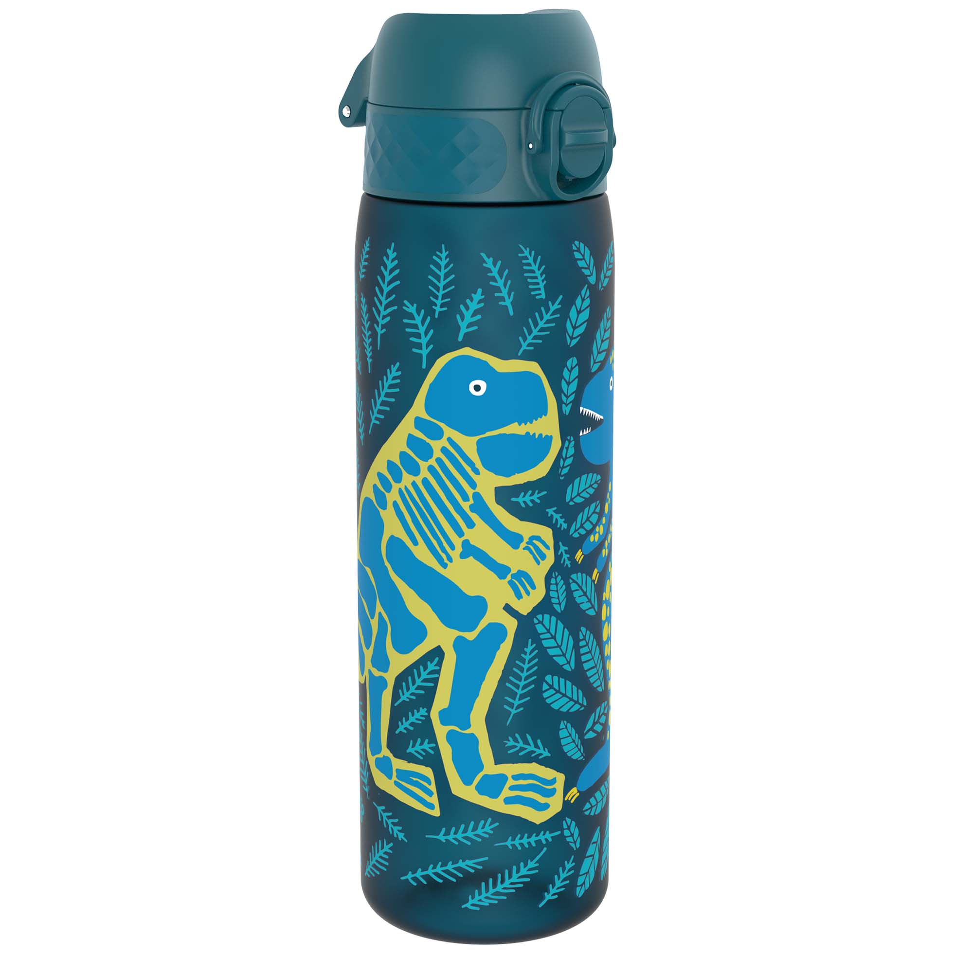 Recyclon Leak Proof Slim Water Bottle by ION8 with dinosaur design, 500ml (18oz), made for easy hydration on the go.