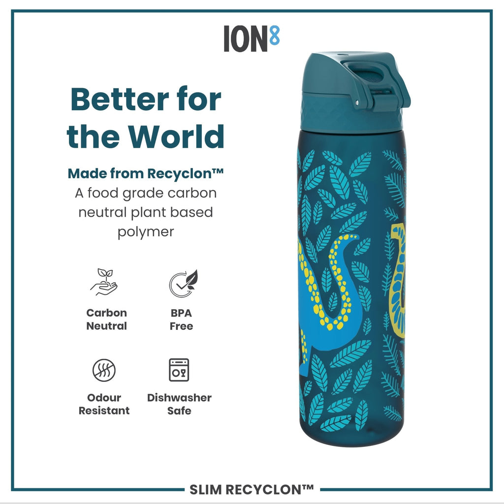 Ion8 Recyclon Dinosaur 500ml leak-proof slim water bottle, eco-friendly design with colorful dinosaur graphics.