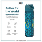 Ion8 Recyclon Dinosaur 500ml leak-proof slim water bottle, eco-friendly design with colorful dinosaur graphics.